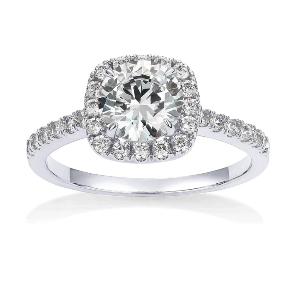 14K White Gold Plated Square Halo Premium Cubic Zirconia Eternity Ring